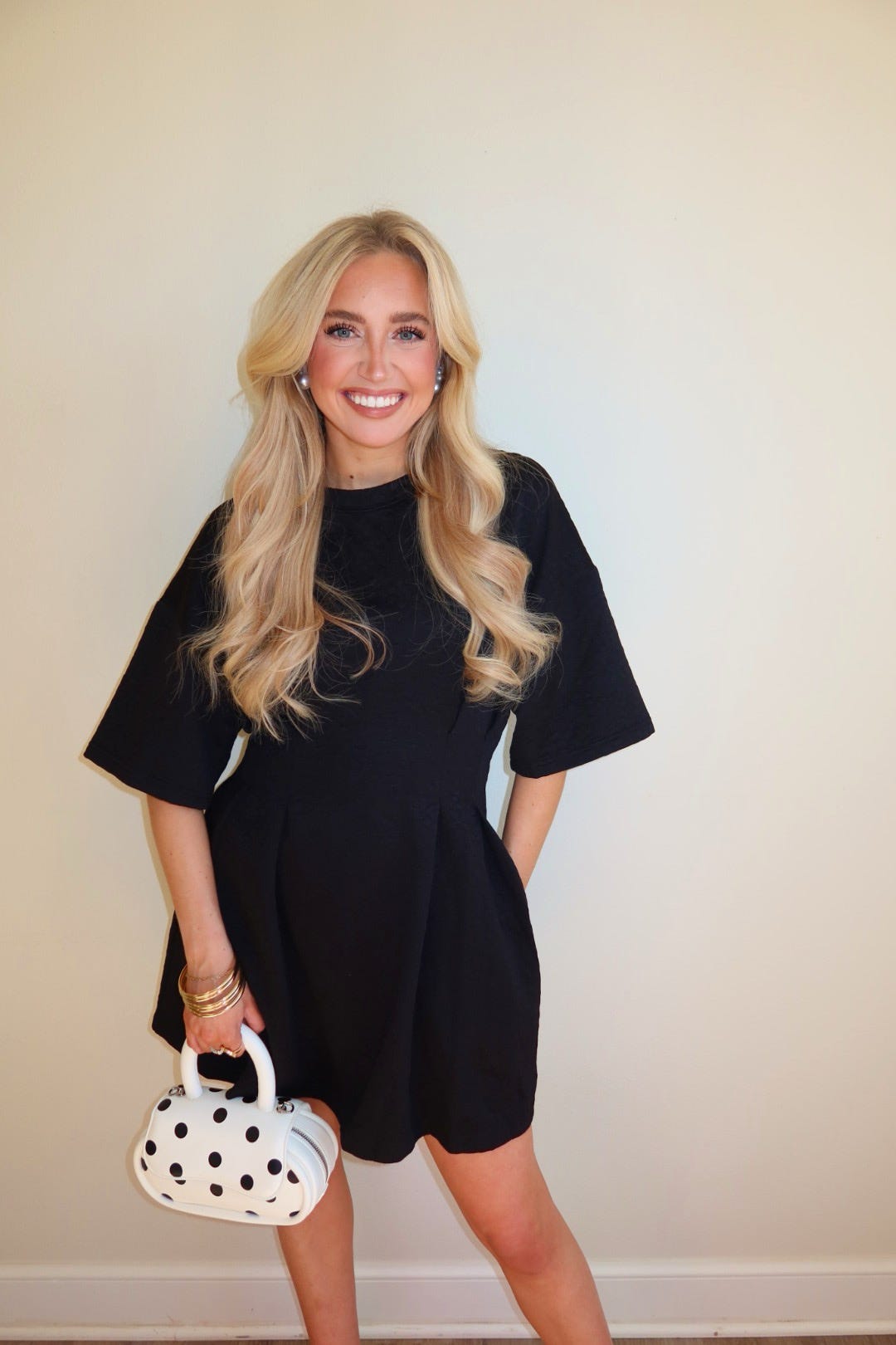 Brittany Black Textured Mini Dress W/Pockets