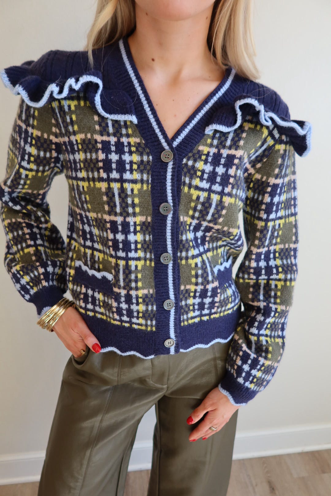 Natalie Navy Ruffled Plaid Sweater