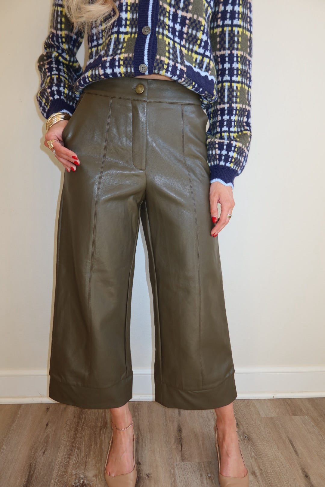 Oakley Olive Wide Straight Leg Leather Pants