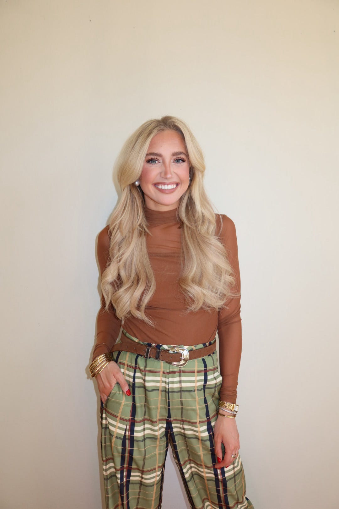 Brooklyn Brown Mesh Mock Neck Long Sleeve Top