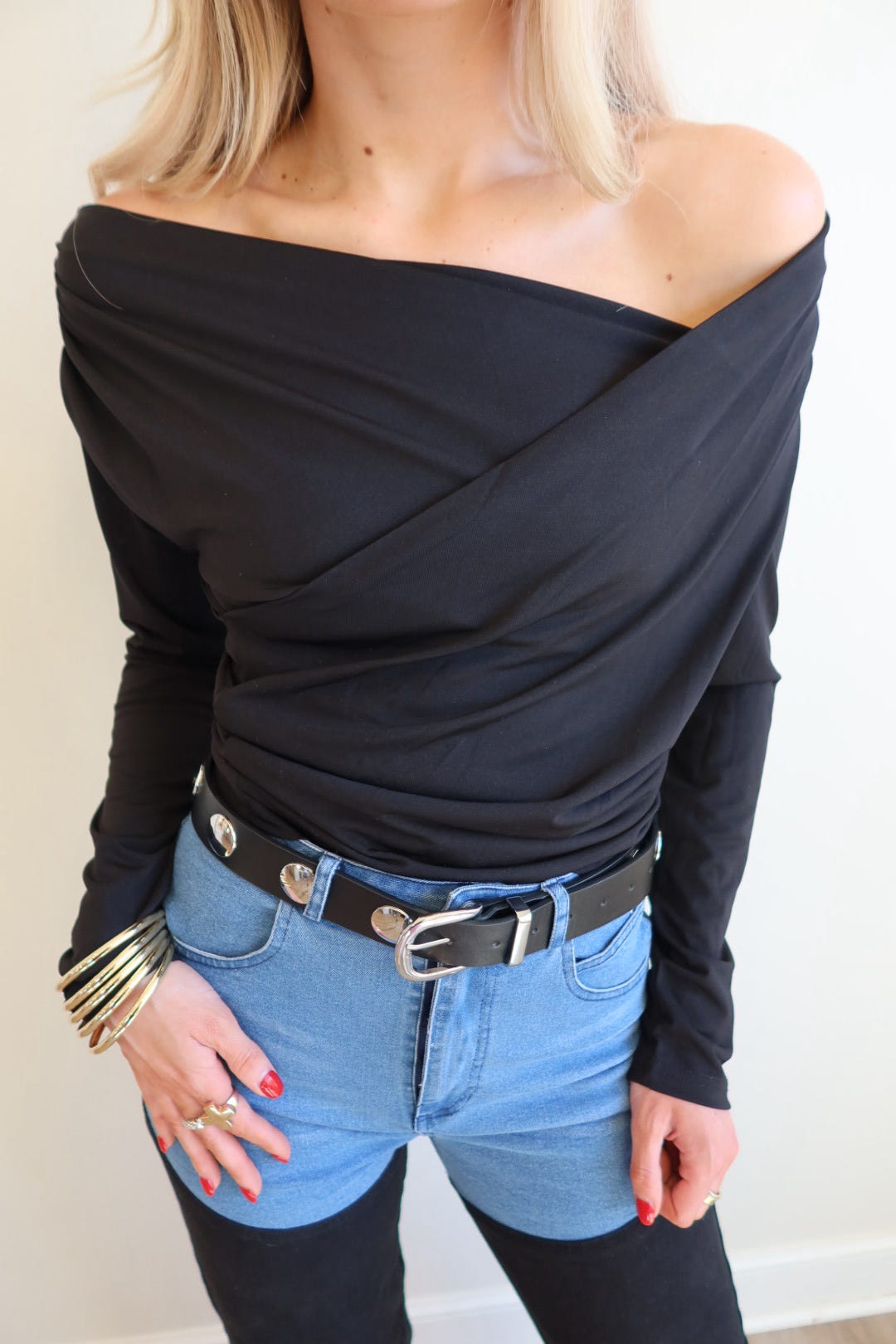 Blair Black Off Shoulder Long Sleeve Top