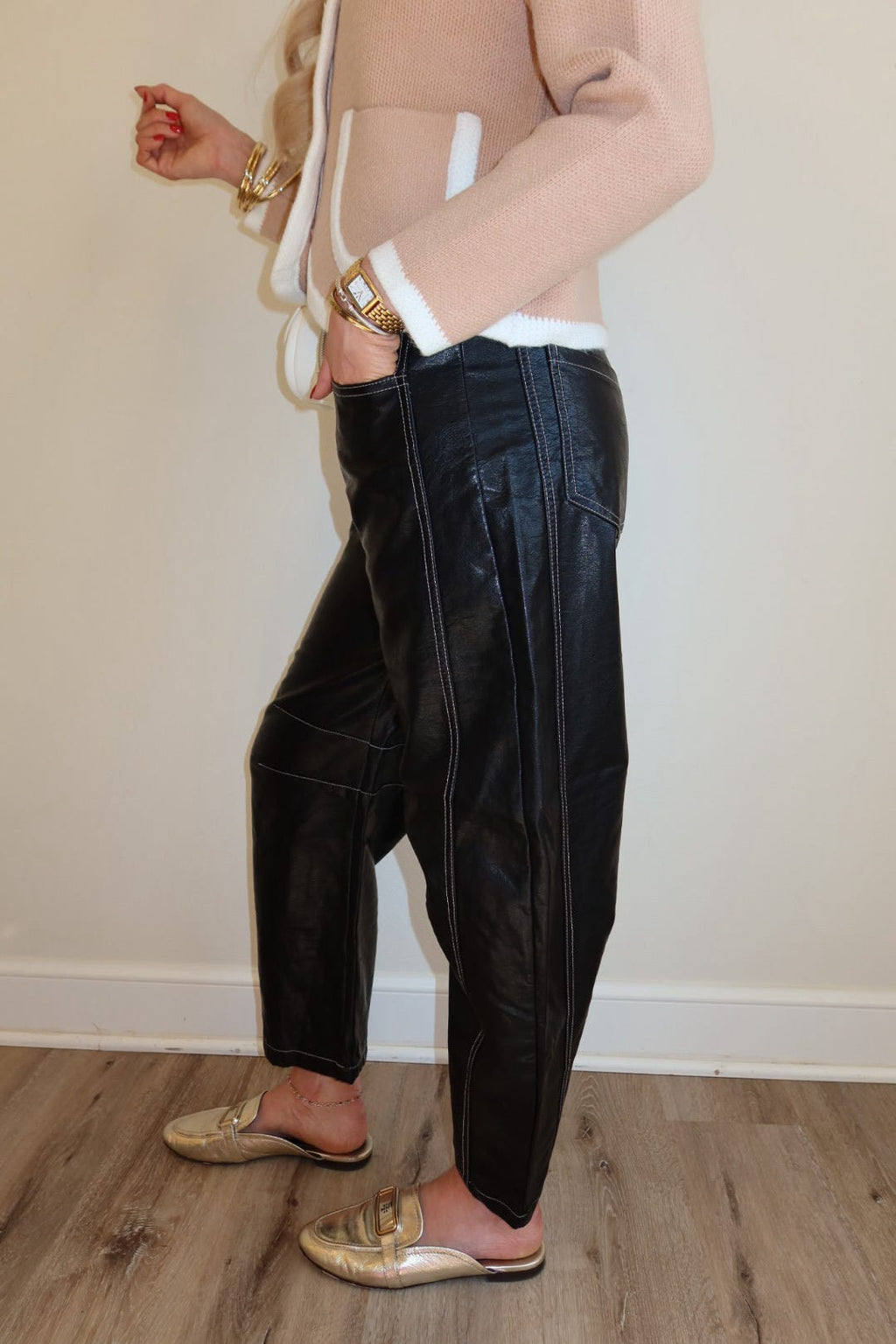 Bristol Black Leather Barrel Pants
