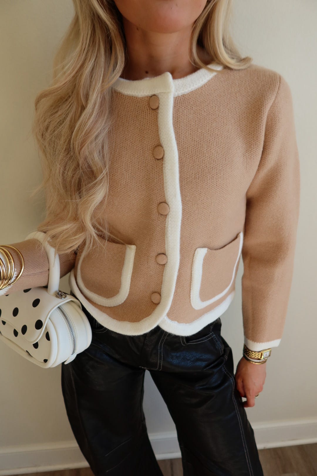 Blakely Beige Contrast Trim Knit Cardigan