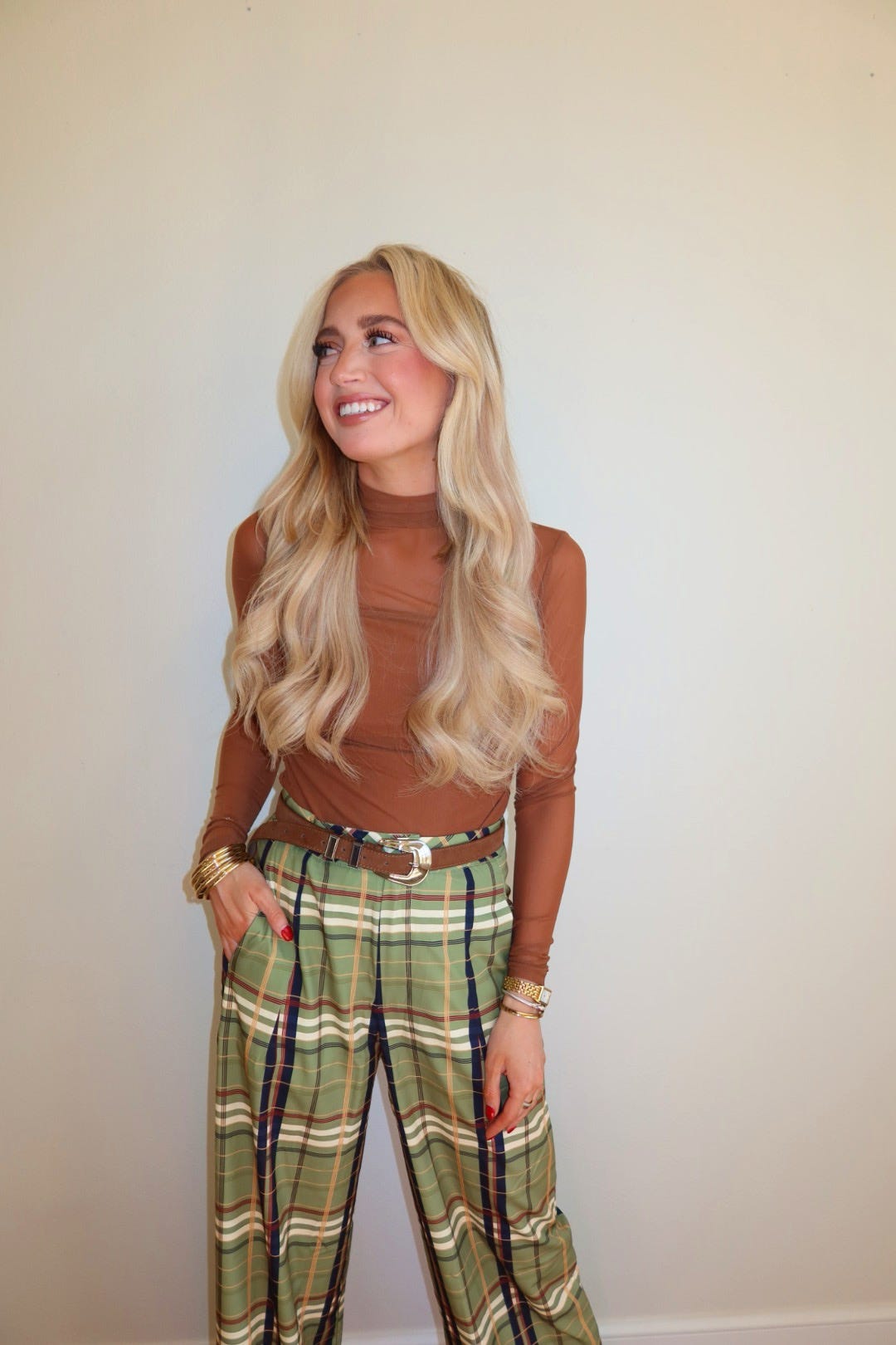 Brooklyn Brown Mesh Mock Neck Long Sleeve Top