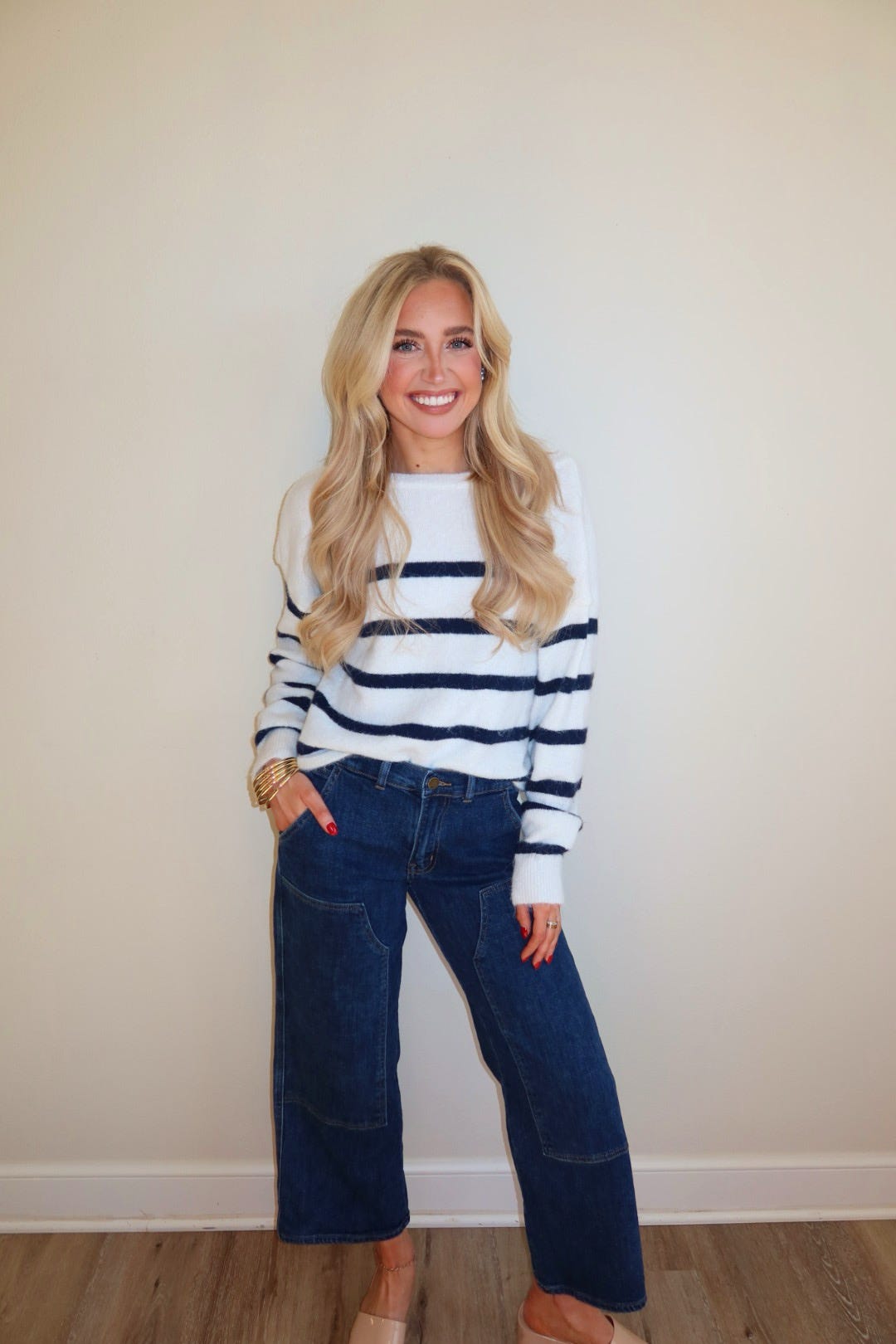 Wyatt White/ Navy Relaxed Fit Striped Sweater