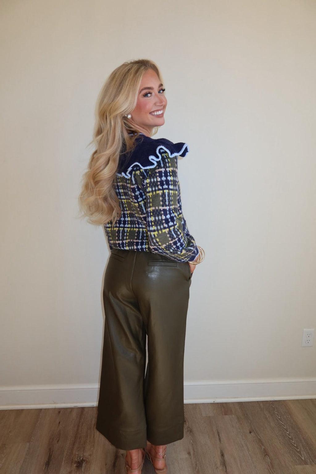 Natalie Navy Ruffled Plaid Sweater