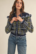 Natalie Navy Ruffled Plaid Sweater