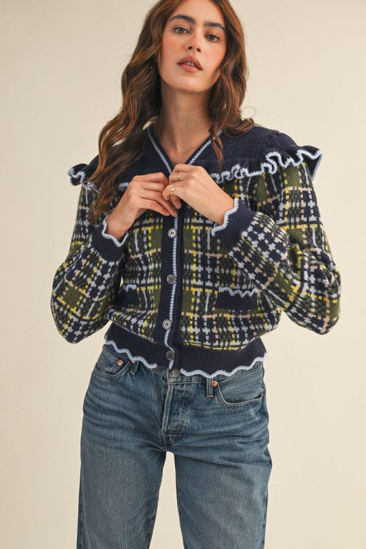Natalie Navy Ruffled Plaid Sweater