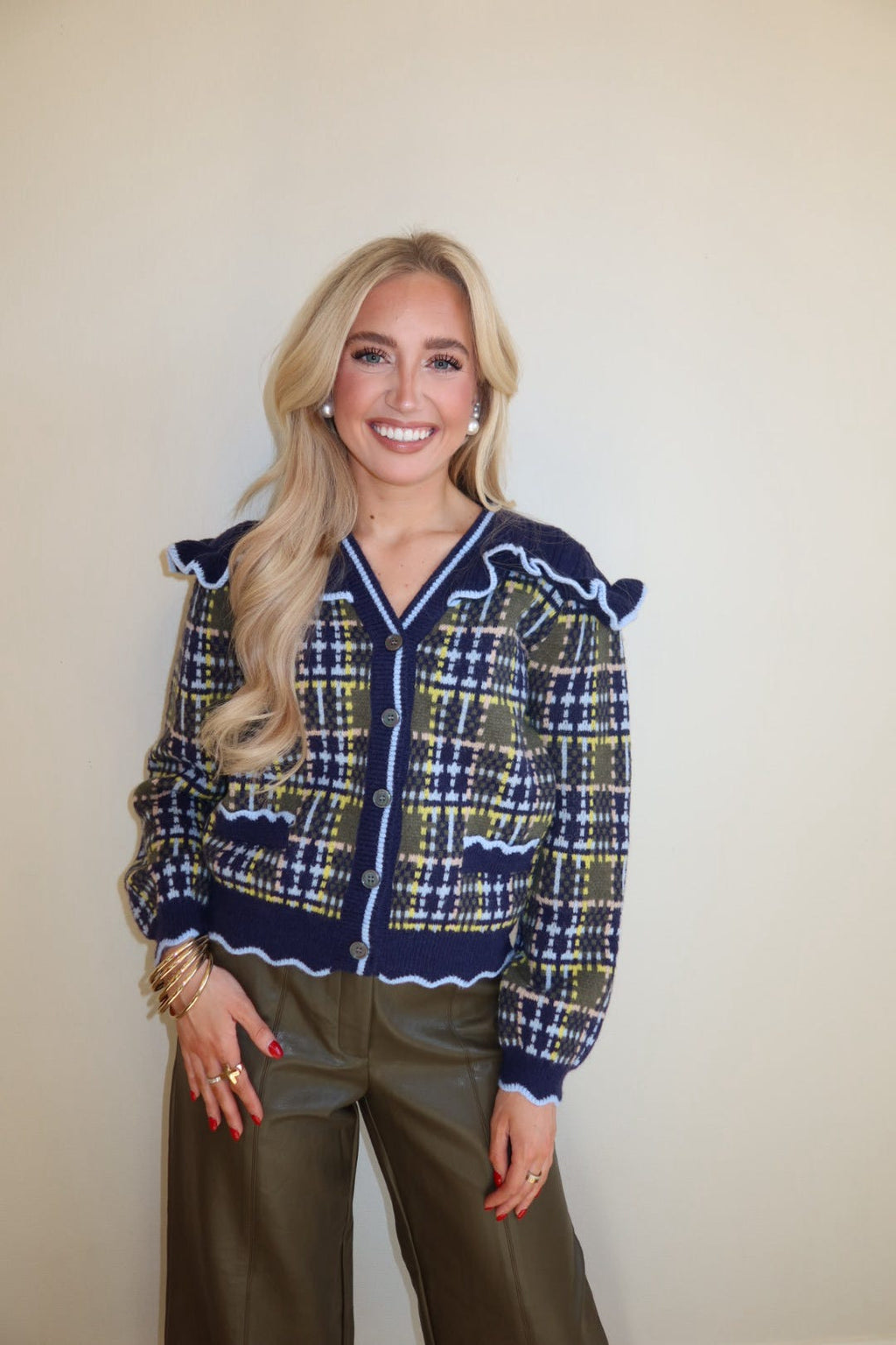 Natalie Navy Ruffled Plaid Sweater