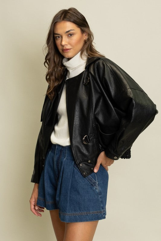 Bella Black Leather Bomber Jacket
