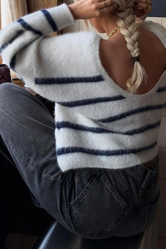 Wyatt White/ Navy Relaxed Fit Striped Sweater