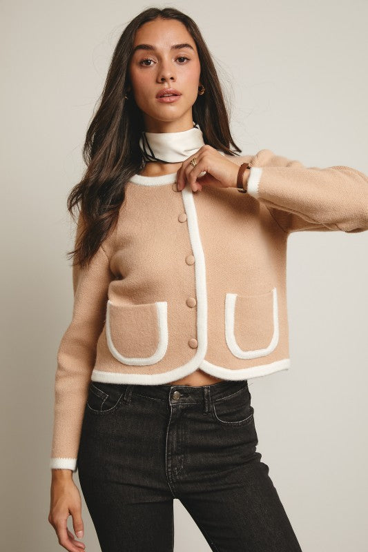 Blakely Beige Contrast Trim Knit Cardigan