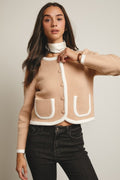 Blakely Beige Contrast Trim Knit Cardigan