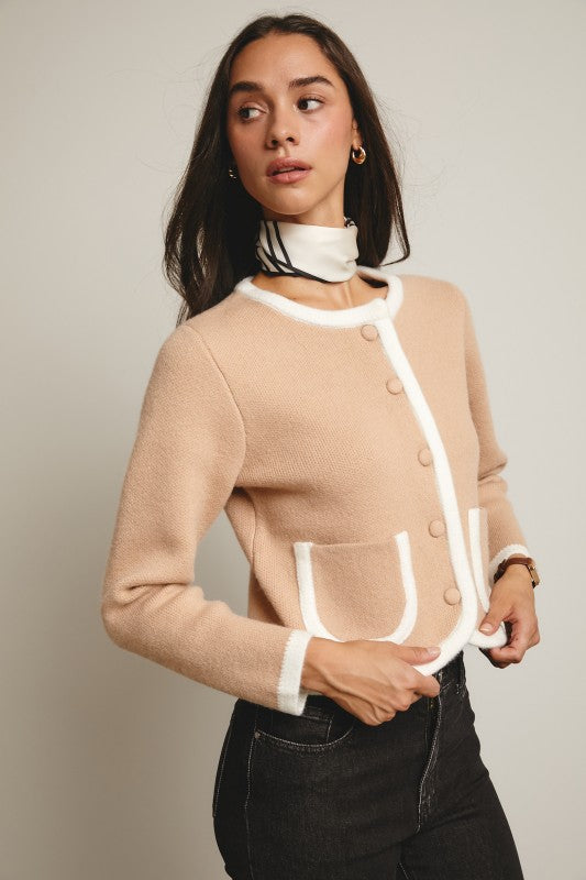 Blakely Beige Contrast Trim Knit Cardigan