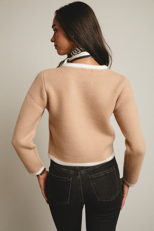 Blakely Beige Contrast Trim Knit Cardigan